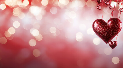 Wall Mural - Glittering red hearts hang against soft, blurred background filled with warm bokeh lights, creating romantic atmosphere perfect for Valentine Day celebrations