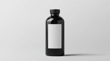 Fototapete - Black glass bottle with blank label on gray background and copy space for branding or product information