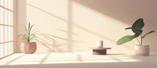 Poster - Minimalist interior scene with potted plants and geometric decor casting shadows on a sunlit surface Copy Space