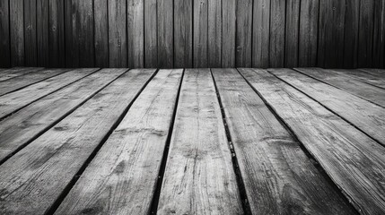Poster - Wooden floor and wall background with weathered grey planks and ample copy space for text placement