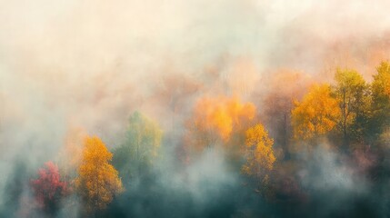 Aufkleber - Foggy Autumn Landscape with Colorful Trees and Copy Space for Text