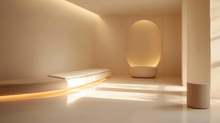 Poster - Minimalist interior design of a serene room featuring soft lighting, an arch-shaped niche, a sleek bench, and light-colored walls, Copy Space