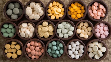 Aufkleber - Colorful assortment of tablets and candies in round bowls on a textured surface with Copy Space for text placement.