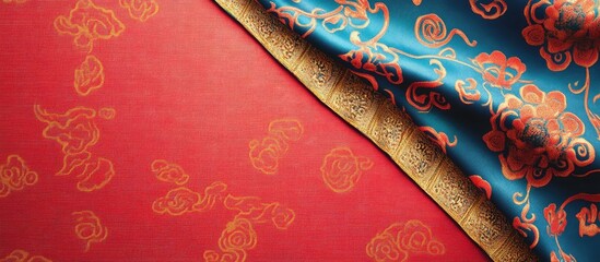 Poster - Colorful textile patterns with intricate designs on luxurious fabric displayed on a flat surface with Copy Space for text placement