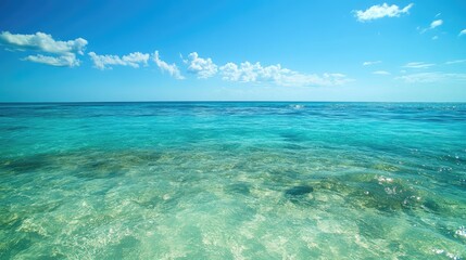 Poster - Clear turquoise ocean water under a bright blue sky with scattered clouds Copy Space