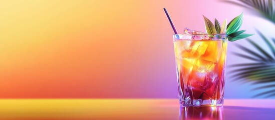 Poster - Colorful cocktail in a glass with ice served on a reflective surface with a tropical background and Copy Space for text.