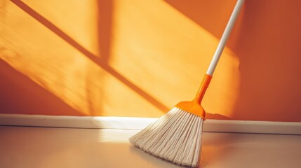 Poster - Broom leaning against an orange wall with shadows on the floor and natural light Copy Space
