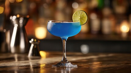 Poster - Blue cocktail with lime garnish in elegant glass on wooden bar counter with blurred background and copy space