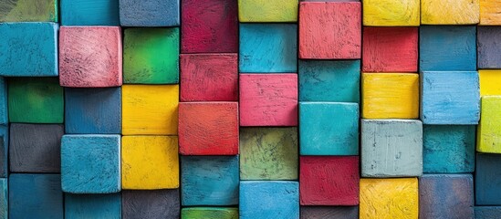 Poster - Colorful wooden blocks arranged in a vibrant pattern with Copy Space for design use. Ideal for backgrounds and creative projects.