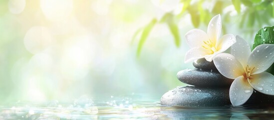 Poster - Close-up of stacked stones with white flowers and green leaves on a blurred background with soft natural light Copy Space