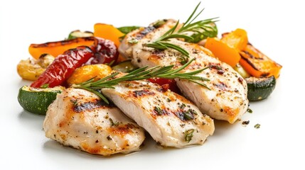 Poster - Grilled chicken breasts garnished with fresh rosemary served with colorful roasted vegetables on a white background with Copy Space