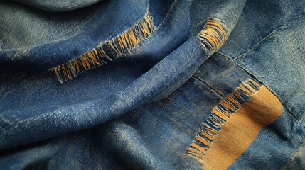 Poster - Close-up of distressed denim fabric with frayed edges and colorful stitching detail Copy Space