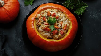 Poster - Stuffed pumpkin with herbs and toppings on a black plate surrounded by fresh ingredients Copy Space