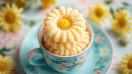 Poster - Chocolate and vanilla floral shaped cookies stacked in a decorative cup surrounded by yellow daisies with copy space