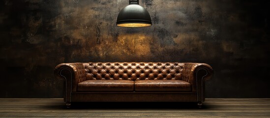 Poster - Leather Chesterfield sofa in a dimly lit room with a hanging lamp and textured wall Copy Space
