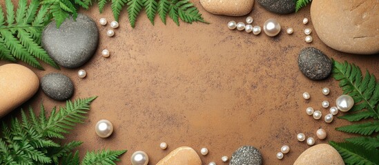 Poster - Pebbles, ferns, and pearls arranged on a textured surface with ample Copy Space for design use