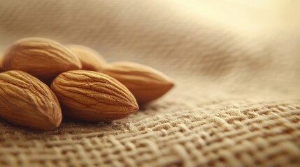 Poster - Close-up of raw almonds on textured burlap fabric background Copy Space