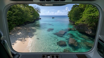 Wall Mural - Serene coastal view from a modern window overlooking a tropical beach and clear waters