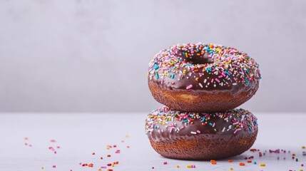 Aufkleber - Chocolate donuts with colorful sprinkles stacked on a white countertop with scattered sprinkles and copy space for text.