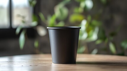 Aufkleber - Matte black paper cup on wooden table with blurred green foliage in background and natural light, Copy Space
