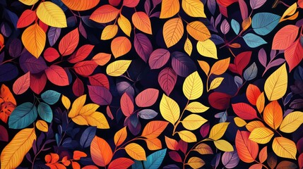 Poster - Colorful autumn leaves pattern with rich hues of orange, red, yellow, purple, and green on dark background Copy Space