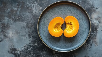 Aufkleber - Sliced orange pumpkin on a decorative gray plate with textured background and ample copy space for text insertion