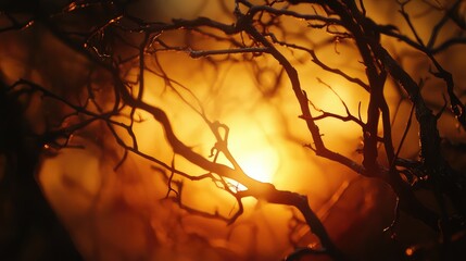 Poster - Silhouetted branches against warm sunset glow with soft bokeh background and copy space for text insertion.