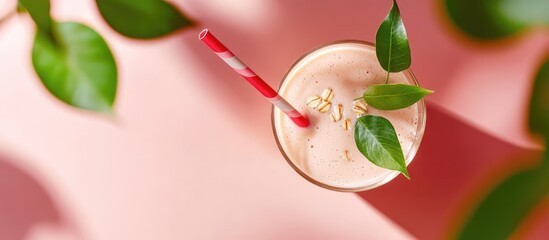 Aufkleber - Fruit smoothie in a glass with straw surrounded by green leaves on a pink background Copy Space