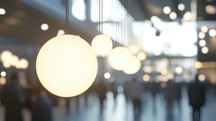 Poster - Hanging round pendant lights with soft glow illuminating blurred interior space with people in background and copy space for text.