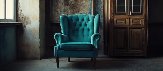 Poster - Vintage teal armchair in an abandoned room with textured peeling walls and wooden cupboard, natural light from window, Copy Space