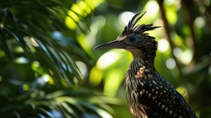 Poster - Colorful bird portrait with intricate feather details in a vibrant green jungle environment featuring blurred foliage and ample Copy Space