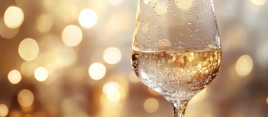 Poster - Close-up of sparkling white wine in a glass with blurred golden lights in the background and a clear copy space for text
