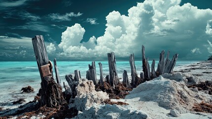 Poster - Weathered wooden posts at shoreline with turquoise ocean and dramatic clouds, landscape photography, Copy Space available.