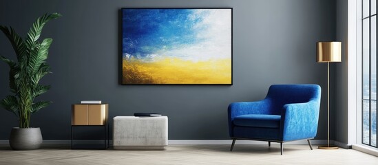 Poster - Modern living room with blue velvet armchair, indoor plant, abstract artwork, and natural light from large windows Copy Space