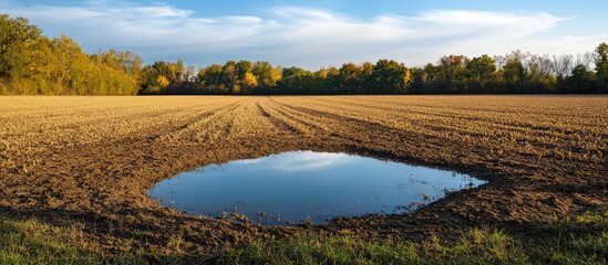 Poster - Rippling water in a small pond amidst a plowed field under a blue sky with clouds and trees in the background Copy Space