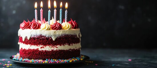 Poster - Red velvet cake with frosting, decorative sprinkles, and burning candles on a dark background with copy space.