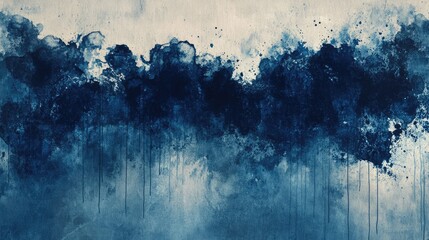 Poster - Blue abstract watercolor texture with dark ink splashes and drips, ideal for background use, with ample Copy Space for text placement.
