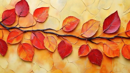 Poster - Colorful autumn leaves branch on textured orange background with copy space for text. 3D style leaf illustration with warm tones.
