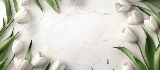 Leinwandbilder - White tulips arranged on a marble background with copy space for text or design elements.