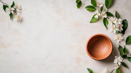 Fototapete - Terracotta pot with flowers and leaves on textured background with Copy Space for text placement