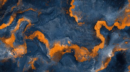 Fototapete - Abstract dark blue and orange swirl pattern with textured brush strokes and Copy Space for design elements.