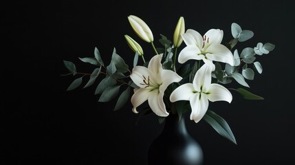 Leinwandbilder - White lilies and green eucalyptus leaves in a black vase against a dark background with Copy Space for text.