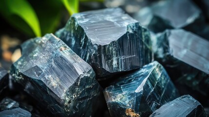 Poster - Detailed close-up of dark mineral crystals with green foliage in the background showcasing texture and colors Copy Space