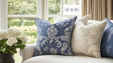 Poster - Decorative patterned cushions on a beige sofa near a window with garden view and floral arrangement in a vase Copy Space