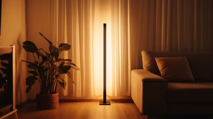 Poster - Cozy indoor scene featuring a modern floor lamp illuminating a living room with a plant and sofa, soft lighting and curtains, Copy Space
