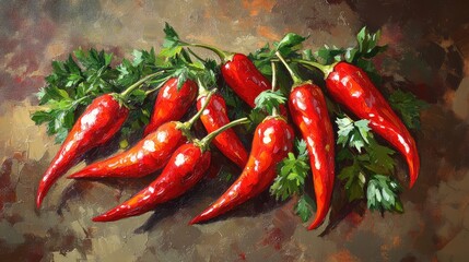 Poster - Bunch of vibrant red chili peppers with green leaves on a textured surface Copy Space