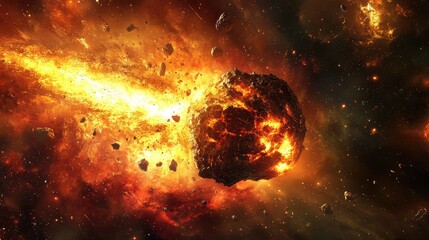 Poster - Fiery asteroid traveling through space with debris and cosmic elements creating a dramatic celestial scene Copy Space