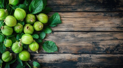 Poster - Fresh green gooseberries and mint leaves on a rustic wooden surface with Copy Space for text placement