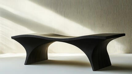 Poster - Modern black sculptural bench with curved design and clean lines against a soft, illuminated background Copy Space