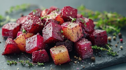 Poster - Roasted diced beetroot garnished with herbs on a dark slate serving board with spices scattered around Copy Space